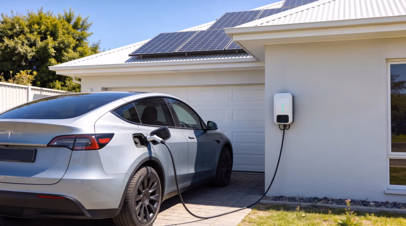 Solar panels on a New Zealand home roof with an electric vehicle charging nearby.
