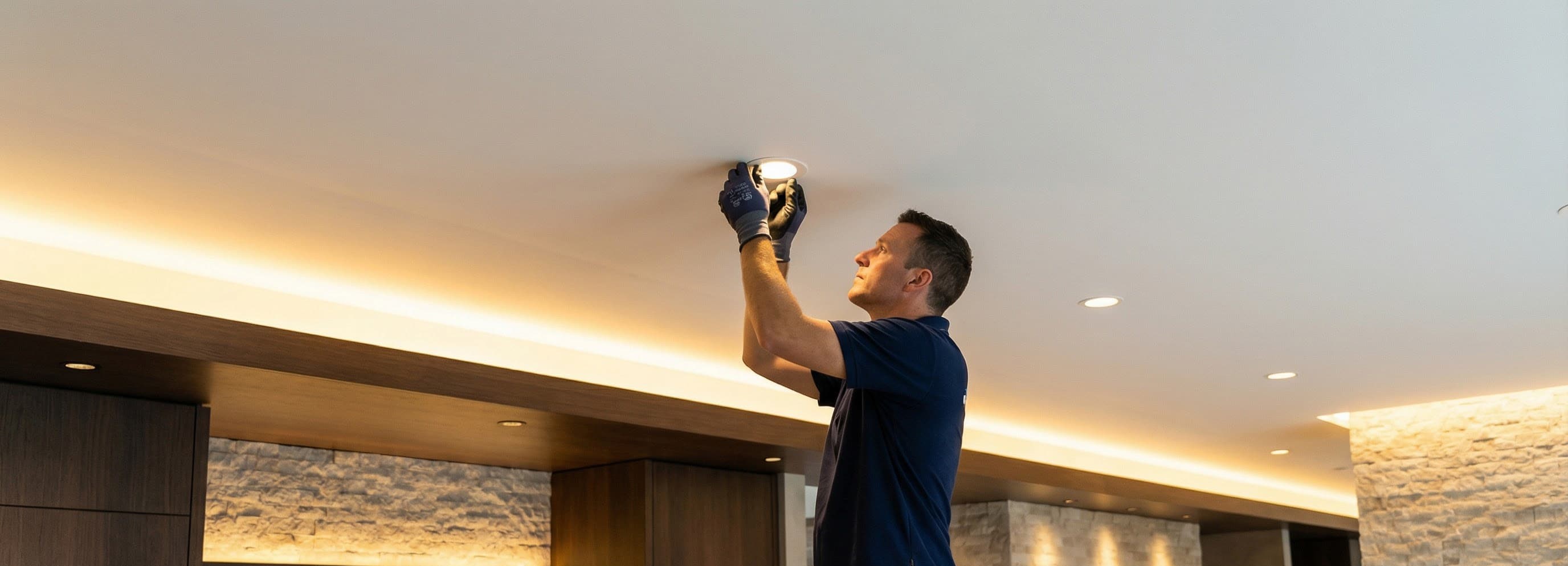 Electrician completes wiring in a renovated room with exposed studs and tools nearby.