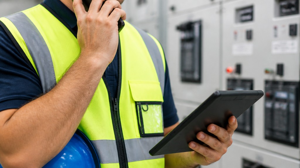 Electrician in high-visibility gear on the phone with a tablet beside an industrial electrical control panel during an after-hours callout.