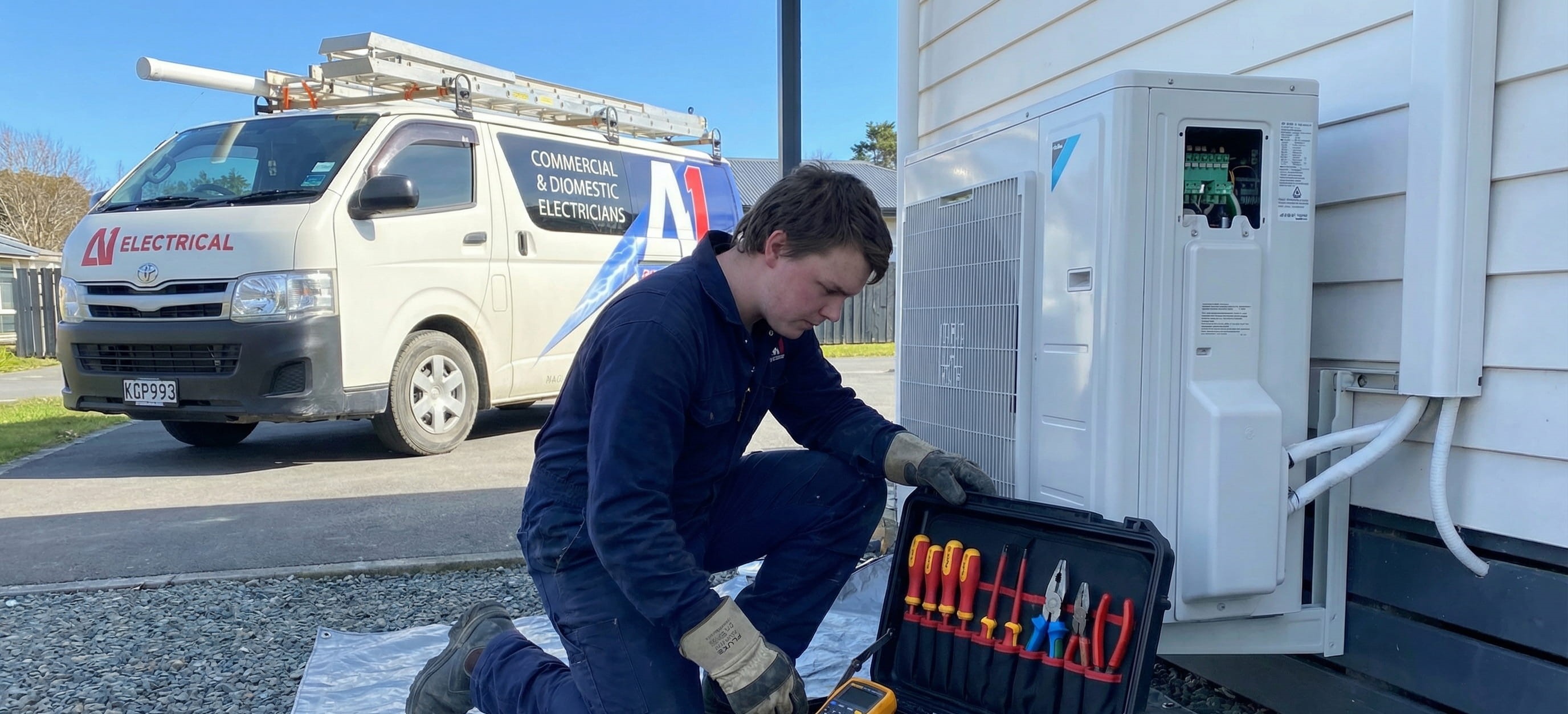 Technician services a wall heat pump with gauges and tools in a residential room.