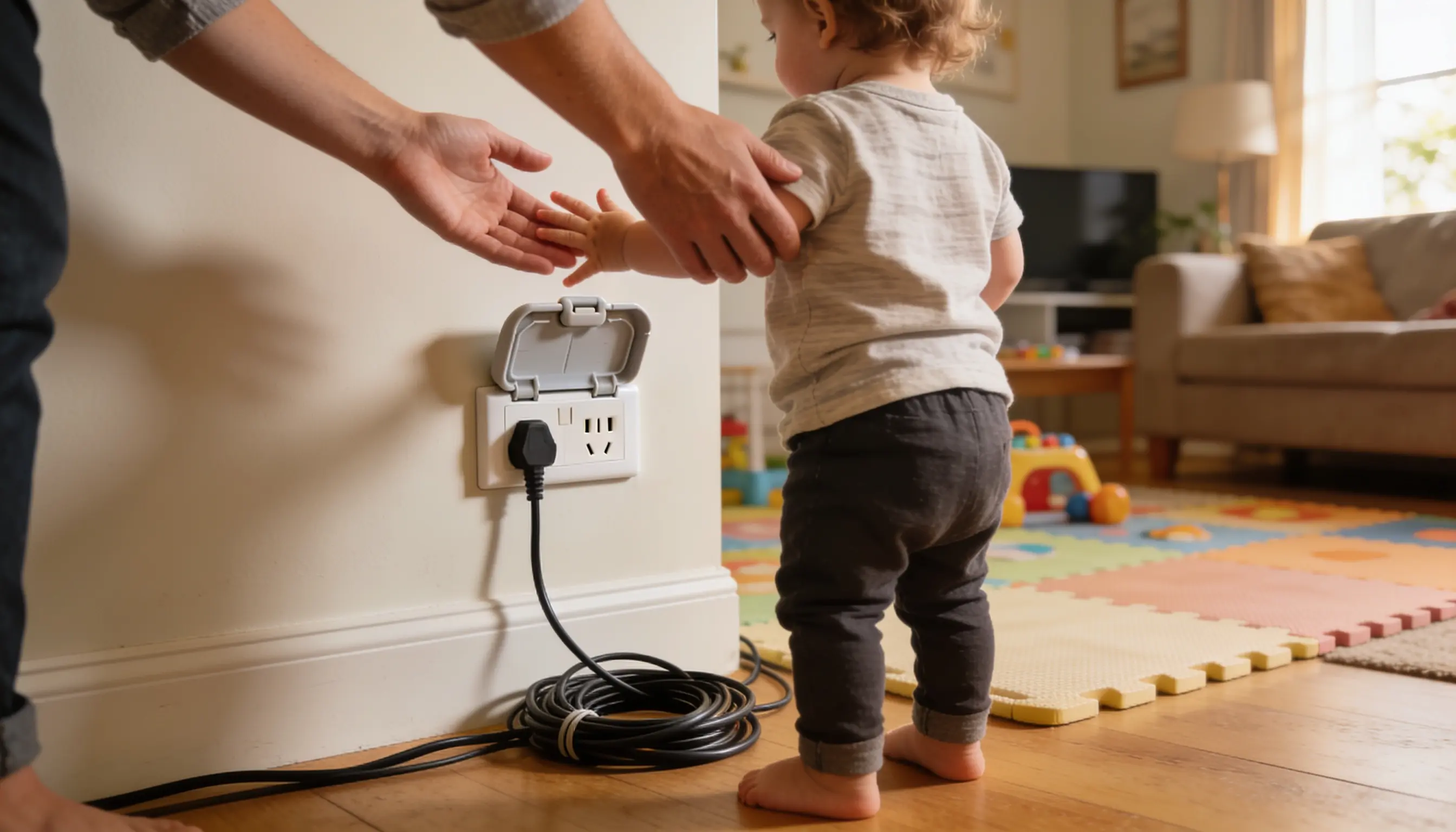Toddler-safe childproof cover fitted on a power point in a Dunedin home.