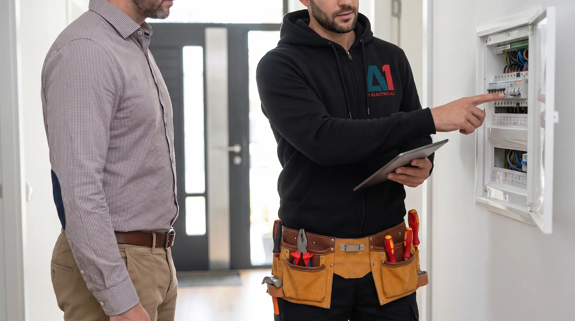 Landlord and electrician reviewing a switchboard in an Otago rental property.