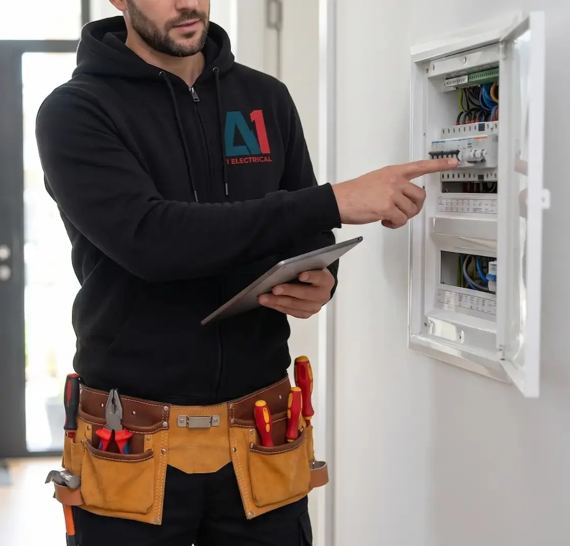 Landlord and electrician reviewing a switchboard in an Otago rental property.