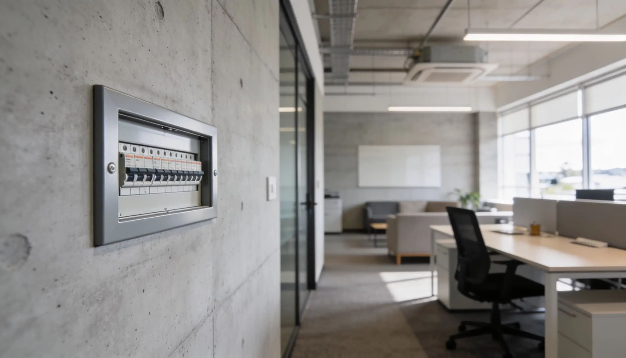 Modern commercial office environment with electrical systems and equipment.