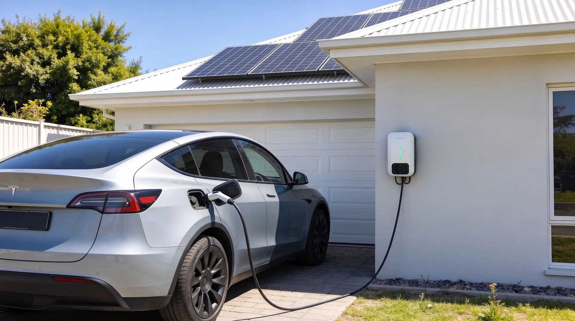 Solar panels on a New Zealand home roof with an electric vehicle charging nearby.