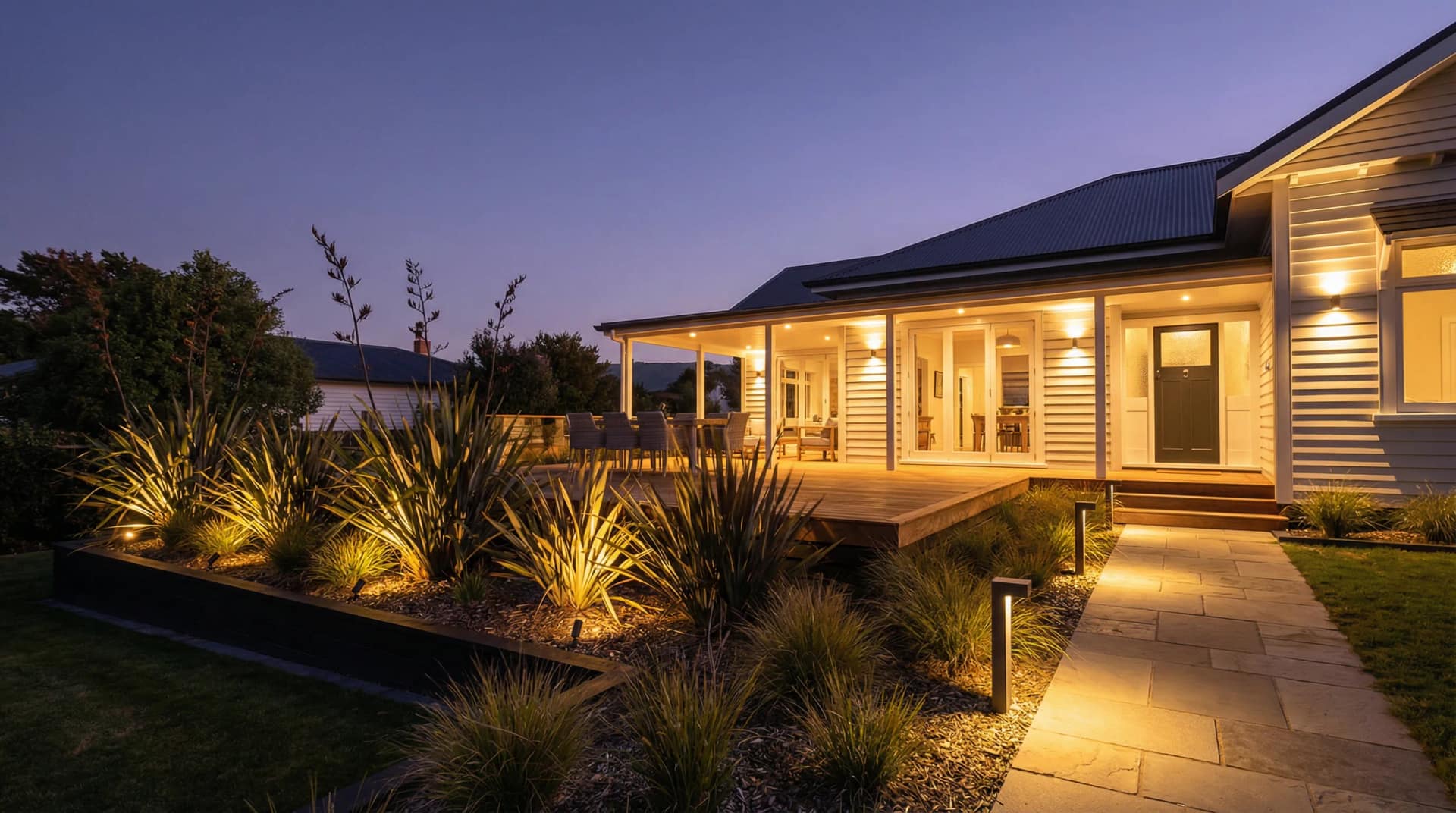 Outdoor and landscape lighting illuminating a home exterior and garden.