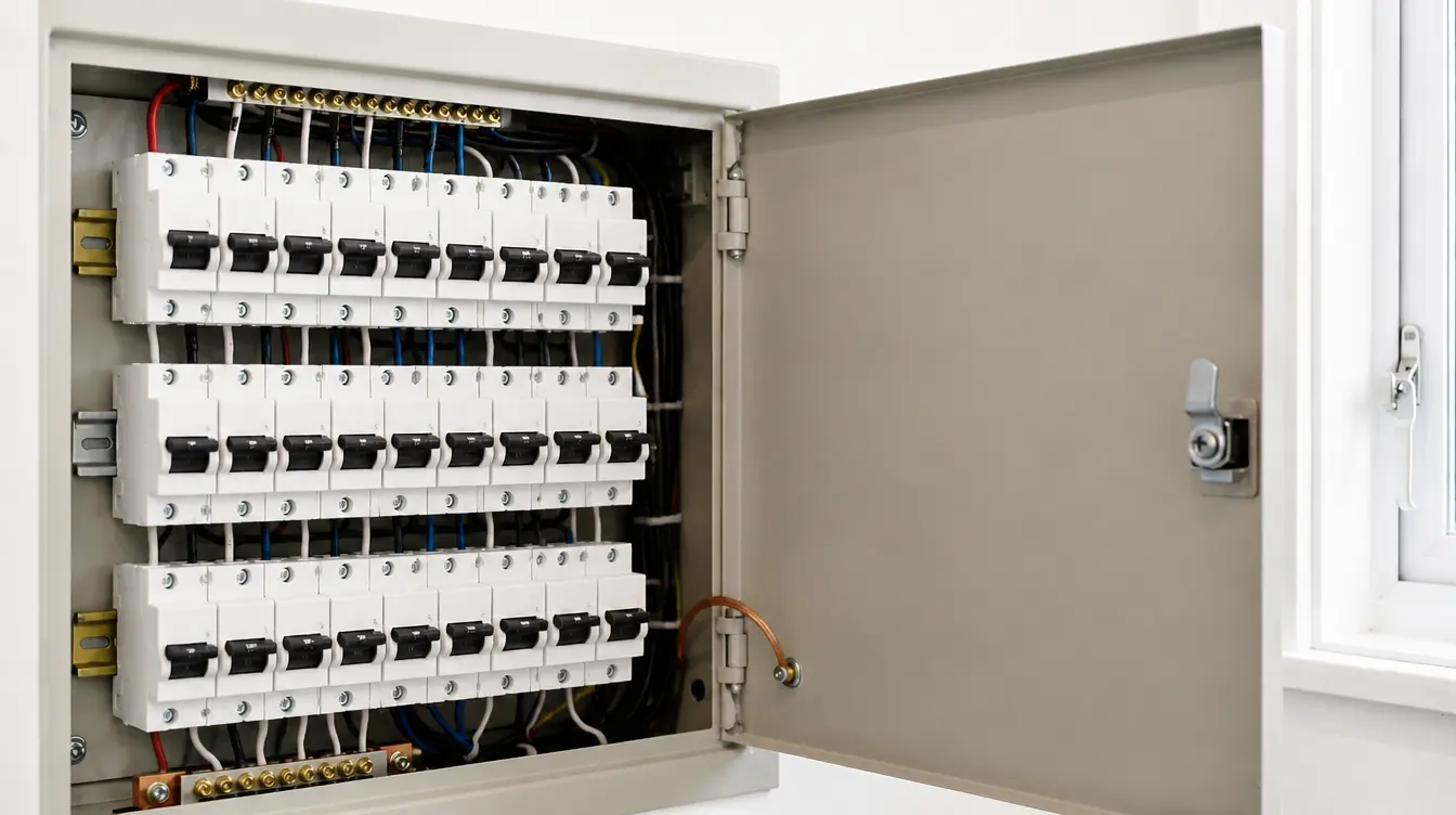 Close up of a residential switchboard with circuit breakers and safety switches.