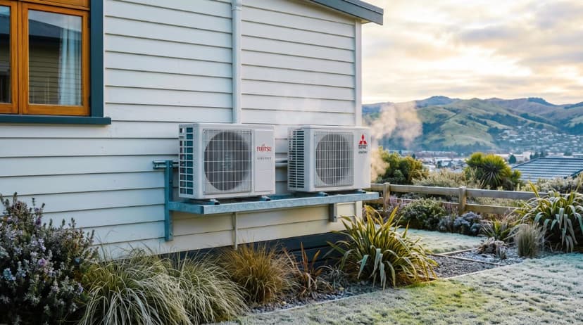 Fujitsu Airstage and Mitsubishi Electric EcoCore outdoor heat pump units mounted side by side on a Dunedin home on a frosty morning.