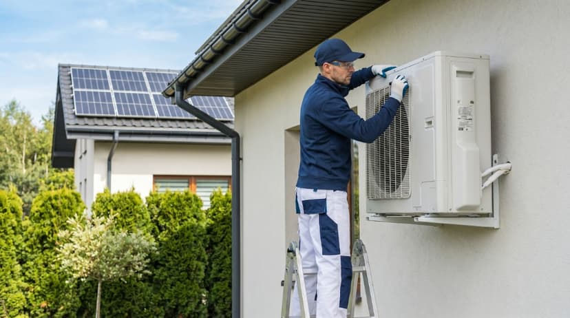 Technician on a ladder installing an outdoor heat pump unit on the exterior wall of a New Zealand home with solar panels on the roof.