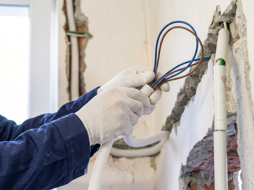 Electrician in white gloves routing blue and brown house wiring through corrugated conduit in an open wall during a residential rewire.