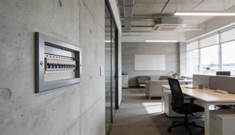 Modern commercial office environment with electrical systems and equipment.