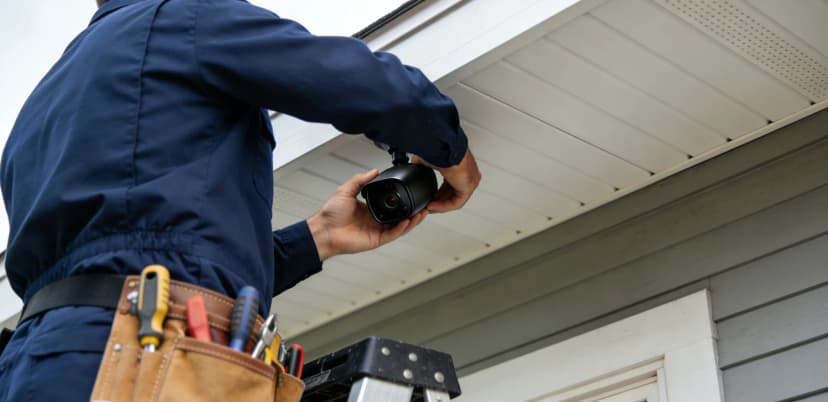 Outdoor security camera on a home — smart home security integration and wiring.