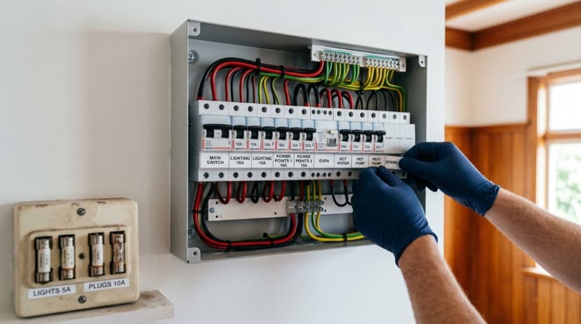 Electrician labelling circuit breakers on a new switchboard beside an old ceramic fuse box during a residential upgrade.