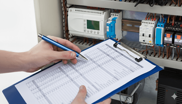 Inspector in high-vis reviews a switchboard during a property electrical inspection.