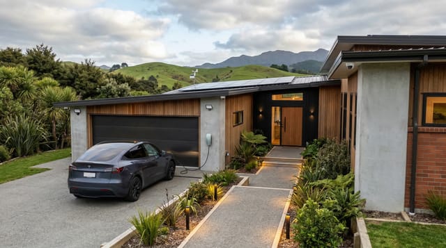 Coastal modern home with EV charger; smart and outdoor electrical solutions in view.