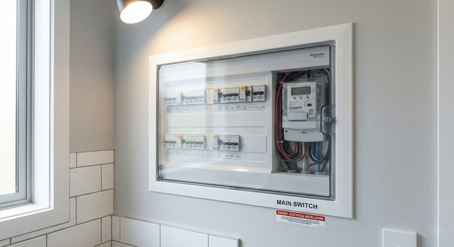 A wall-mounted electrical panel with a clear cover shows circuit breakers, wiring, and a digital electricity meter labeled "Main Switch" in a clean, modern interior.